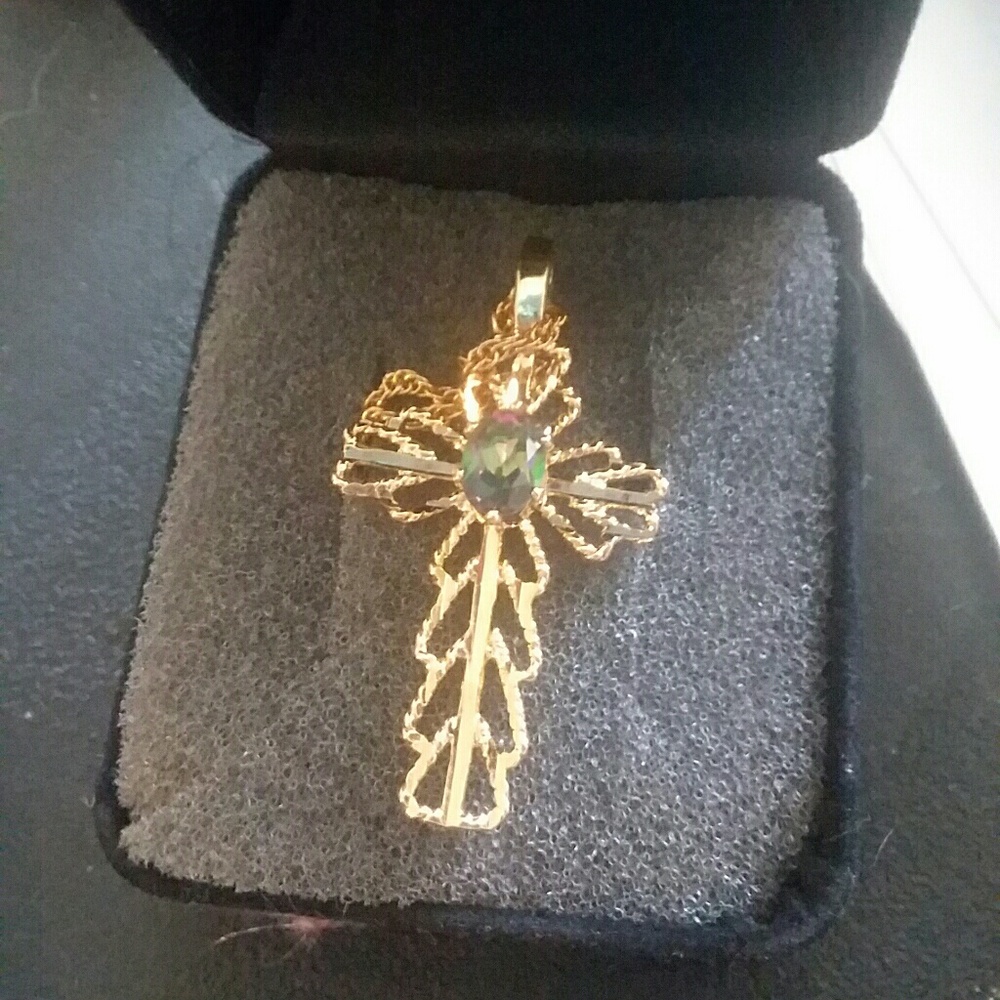 Goldtone topaz cross on chain